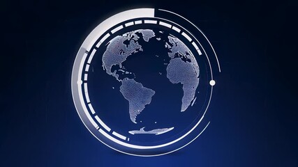 Spinning digital white dotted earth globe rotating with hud elements in a seamless loop on a dark blue background, visualizing global network connectivity. - Powered by Adobe