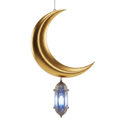 Golden crescent moon with hanging lantern isolated on transparent background