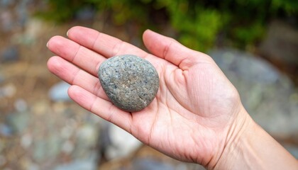 A Hand Gently Holds A Small Grey Textured Rock With Speckled Detail In Natural Outdoor Lighting With A Soft Focus Background Of Greenery And Rocks