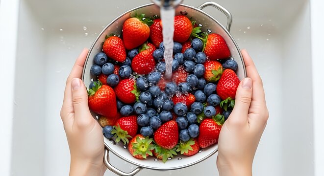 Hands holding a colander washing fresh strawberries and blueberries under running tap water. Healthy food hygiene. - Powered by Adobe