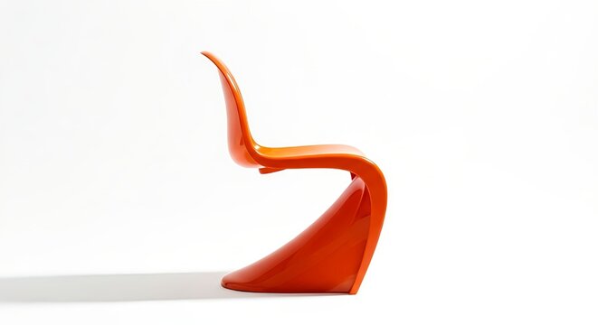 Orange S-shaped modern plastic chair isolated on white background. Minimalist retro furniture design concept.