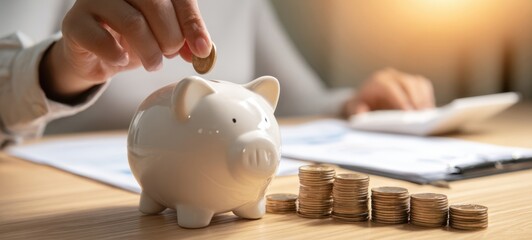 The piggy bank and stacked coins representing personal savings and financial planning at desk