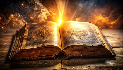 Obraz premium Ancient Leather Spellbook Radiating Intense Magical Fire and Light