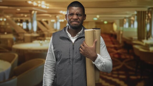 Man architect holding blueprints, clutching rolled plans in building dining hall; determination focus.