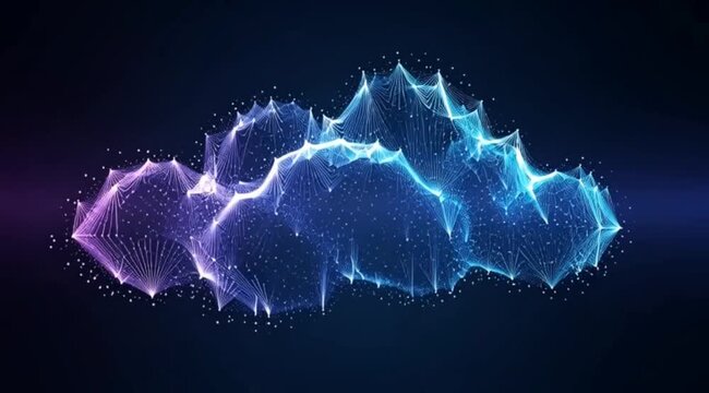 Glowing abstract cloud computing concept visualizes complex data structure using interconnected blue and purple wireframe lines and many bright small particles set against a deep dark background sugge