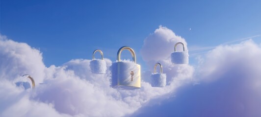 The lock symbols float on dreamy clouds representing secure cloud data and privacy
