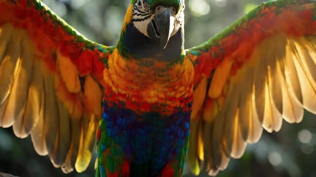 Close-up of vibrant colorful parrot with green, orange, and blue feathers in tropical forest. Avian wildlife nature. Bird plumage detail. 
