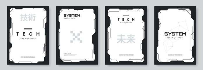 Set of abstract vector technology posters with futuristic frame borders, minimal black and white design, and sci-fi interface elements. Ideal for tech branding,banner, poster © alexandertrou