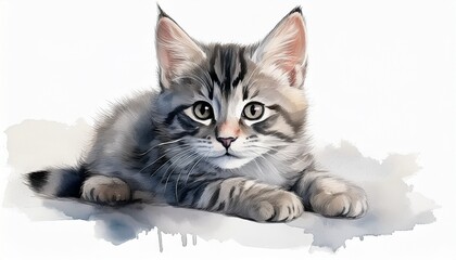 watercolor painting of cute grey tabby kitten lying down on white background with soft brush strokes and minimal detail