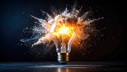An exploding light bulb against a dark background, showcasing creativity and innovation in a dramatic way. concept
