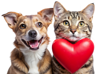 Dog and cat with red heart animals pets