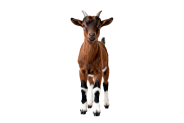 Young brown goat with white legs and horns