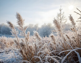 Fototapeta premium Winter atmospheric landscape with frost-covered dry plants during snowfall. A beautiful winter background. grass in the snow.