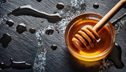 honey dipper on dark granite countertop