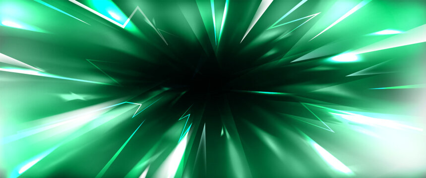 Light speed lines burst from black center. Vector realistic illustration of radial neon green rays zoom out, light refraction through crystal prism, abstract tunnel perspective, motion effect
