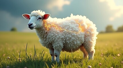 Fototapeta na wymiar The Thunder Grazer: An 8K study of a sheep with wool made of fluffy storm clouds.