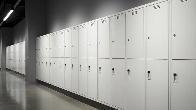 Row of Modern White Lockers in a Spacious Indoor Facility, Ideal for School or Gym Use, Featuring Sleek Design and Durable Materials