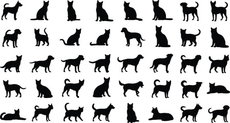 Dog and cat silhouettes collection showing various sitting standing walking poses, domestic pet animal shapes set isolated on white background illustration © Art_By_Aktarina