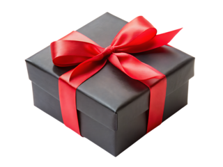 Gray gift box with red ribbon bow present