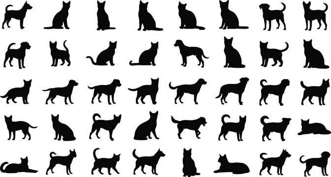 Dog and cat silhouettes collection showing various sitting standing walking poses, domestic pet animal shapes set isolated on white background illustration