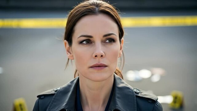 A 30s Caucasian woman in a black leather trench coat stands solemnly on a crime scene, contemplating her next move amidst scattered evidence and a police line.