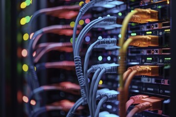Close-up of network cables connected to server racks with illuminated indicators in a data center