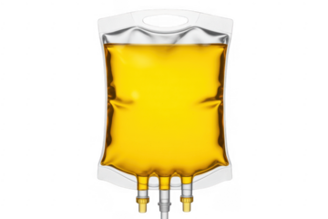 IV bag filled with yellow liquid and three tubes isolated on a transparent background