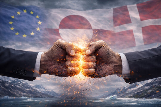 Two fists clash on background flags. Political confrontation, defense and support of European Union allies, Denmark, and Greenland. Support and protection from the European Union. conflict with USA