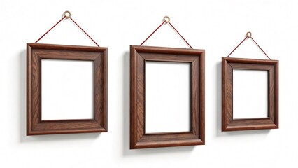Three empty brown picture frames hanging on a white wall