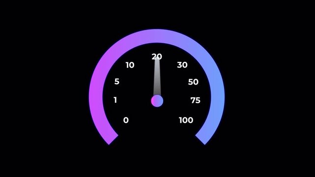 internet speedometer gauge showing 100 Mbps, with gradient arc and needle. fast broadband, network performance, and connectivity. 4k alpha channel animation