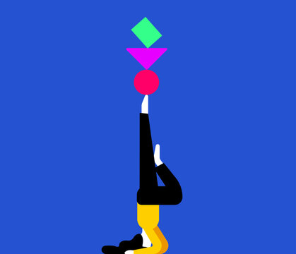 Illustration of a person doing yoga and balancing with various triangle, circular and rectangle shape