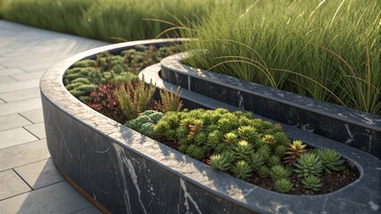 A beautifully designed outdoor garden with succulents and grasses in a modern stone planter