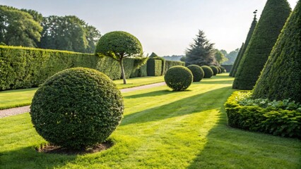 A serene and well-manicured garden with neatly trimmed hedges and trees on a sunny day