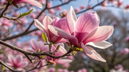 A close-up of a beautiful pink magnolia flower in full bloom on a tree branch