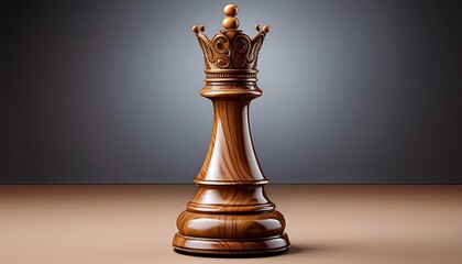 3d rendered chess queen piece in a classic wood style isolated on a dark backdrop for strategic play white background