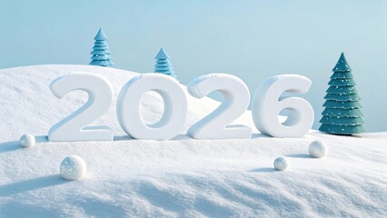 A snowy landscape with the year 2026 in large white letters and small pine trees