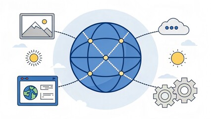 A stylized illustration of a globe surrounded by various icons representing technology and connectivity