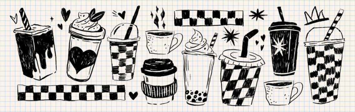 Grunge Coffee Drink Doodle Illustration Set with Cups Milkshakes and Cafe Beverages with stylish checkered patterns in Groovy Retro Sketch Style.