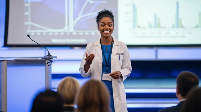 Young African American Female Medical Professional Presenting at a Conference with Graphs and Data Visualizations in the Background, Engaging with the Audience