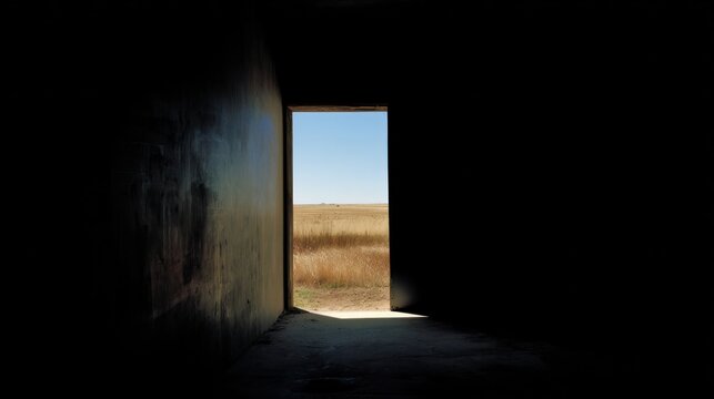 An open doorway framing a bright landscape outside, contrasting with a dark interior. travel magazines, destination branding, designed for travel destination branding.