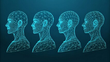 A futuristic digital illustration of multiple human heads in a row with a wireframe design