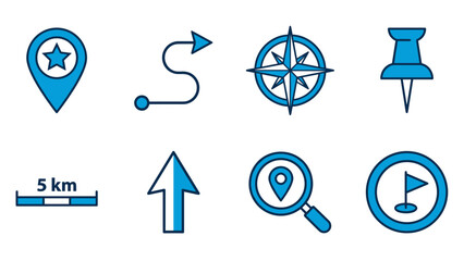 Fototapeta premium Navigation map icons. GPS location pin, route path, direction arrow, compass, marker. Travel app interface positioning tracking symbols. Vector illustration. Search, flag, distance scale