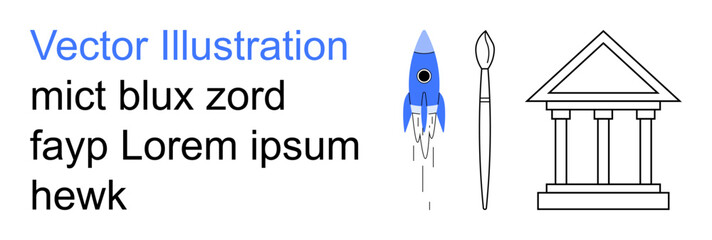 Education, creative design, technology, innovation, art concepts, scientific exploration. Blue rocket, paintbrush and classical building outline. Education and creative design