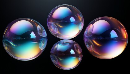 four translucent iridescent spheres floating against a stark black background
