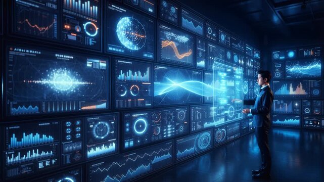 Global analytics wall displaying technical telemetry and world maps in dark control room. Network operations center with blue screens