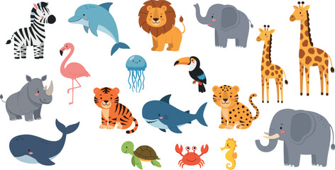 Obraz premium Animal vector set with cute safari and marine characters including lion elephant shark and dolphin