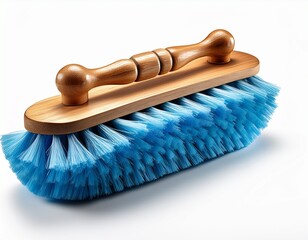 colorful blue cleaning tool with fluffy bristles and wooden handle isolated on a white background for creative interior design or artistic concept