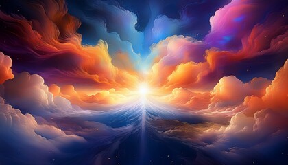an ethereal abstract image showcasing a brilliant central light source that illuminates wispy flowing clouds in a dynamic composition captu a sense of wonder
