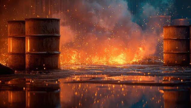 Barrels sit next to a fiery inferno with sparks flying and reflections on wet ground