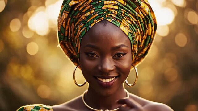 Captivating portrait of a joyful African woman adorned in an exquisite patterned headwrap, her radiant smile illuminating a softly blurred golden outdoor setting